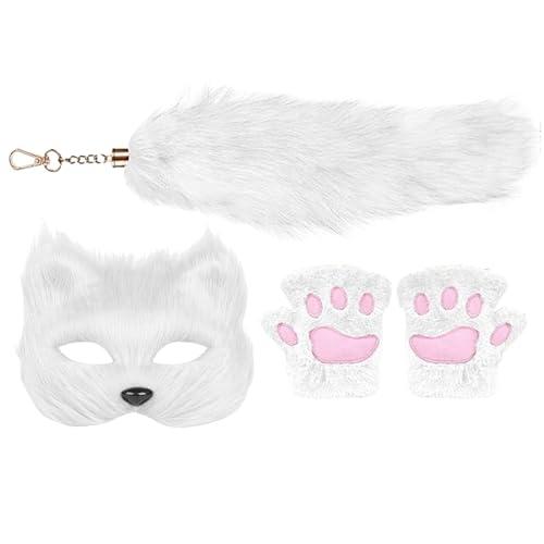 Nkmujil Faux Wolf Kostüm | Plüsch Wolf Cosplay Set | Katze Cosplay Handschuhe | Schwanz Halloween Maskerade Zubehör | Niedliches Tierkostüm für Halloween Cosplay Partys | Erwachsene Teen Wolf Anzug von Nkmujil
