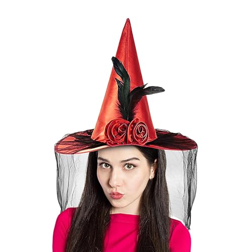 Nkmujil Halloween Frauen Hexenhut - Cosplay Hüte Zauberer Kostüm | Zaubererhut mit Halbschleier, Feder breite Krempe, Hüte Spitzhut, Halloween Kostüm Zubehör von Nkmujil