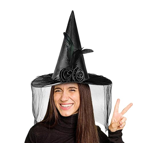 Nkmujil Hexenhüte für Damen, Cosplay-Hüte, Zauberer-Kostüm, breite Krempe, Hüte mit Halbschleier, Zaubererhut, Federhut für Damen, Teenager und Mädchen Nkmujil Hexenhüte für Damen, Cosplay-Hüte, Zauberer-Kostüm, breite Krempe, Hüte mit Halbschleier, Zaubererhut, Federhut für Damen, Teenager und Mädchen von Nkmujil