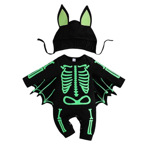 Nlaayong Babys Cosplay Bodysuit Kinder Halloween Strampler Baby Fledermaus Kostüm Junge Langarm Stramplers Hut Umhang von Nlaayong