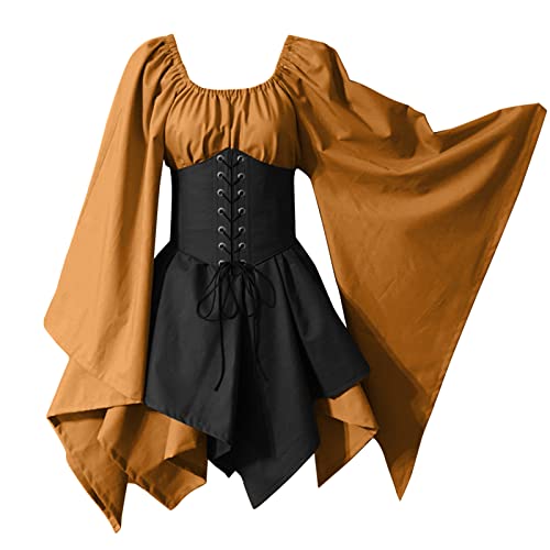 Nlaayong Damen Gothic Kleid Mittelalterliches Kostüm Mittelalter Kleid mit Trompetenärmel Retro Kostüm Gothic Renaissance Viktorianisches Kleidung Schnürkleid von Nlaayong