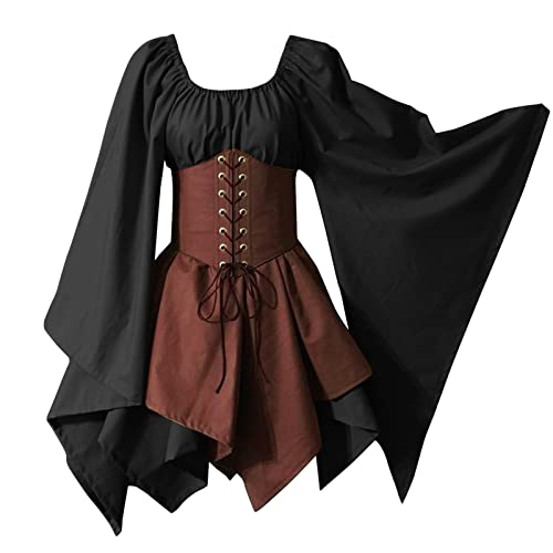 Nlaayong Damen Gothic Kleid Mittelalterliches Kostüm Mittelalter Kleid mit Trompetenärmel Retro Kostüm Gothic Renaissance Viktorianisches Kleidung Schnürkleid von Nlaayong