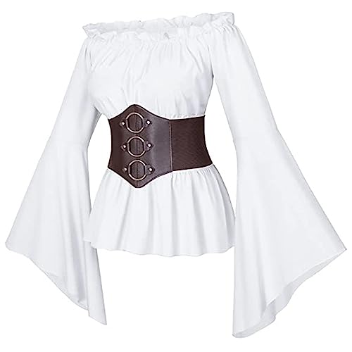 Nlaayong Damen Renaissance Top Mittelalter Trompetenärmel Off Shoulder Gothic Viktorianische Shirt mit Korsett Taille Gürtel Halloween Kostüm von Nlaayong