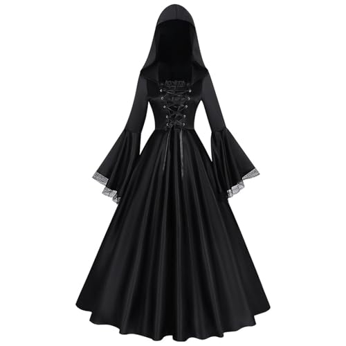 Nlaayong Gothic Kleidung Damen Schnürkleid mit Kapuze, Vintage Mittelalter Gebunden Taille Kleid, Renaissance Party Festlich Dress, Halloween Kostüm Damen Nlaayong Gothic Kleidung Damen Schnürkleid mit Kapuze, Vintage Mittelalter Gebunden Taille Kleid, Renaissance Party Festlich Dress, Halloween Kostüm Damen von Nlaayong