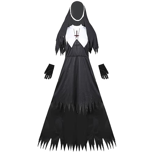 Nlaayong Halloween Kostüm Damen Horror Halloween Nonne Kostüm Gruselige Kleidung Vampirkleid Halloween kostüm Damen Karneval Cosplay Kleid Ausführen Kostüme von Nlaayong