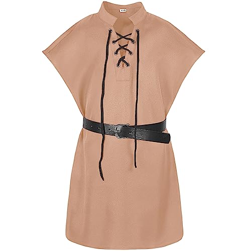 Nlaayong Jungen Mittelalter Kostüm Hemden Renaissance Vintage Tunika Wikinger Ritter Pirat mit Wikinger Gürtel für Halloween Cosplay von Nlaayong