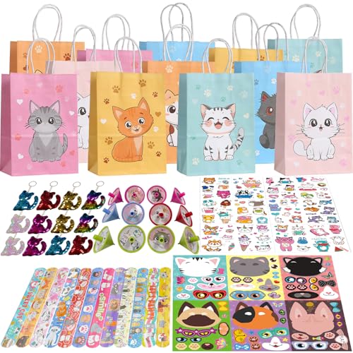 NlsqEU 96Pcs Katzen Party Mitgebsel Deko Geburtstag Geschenktüten Kreisel Schlüsselanhänger Schnapparmband DIY Aufkleber Tattoos Themen Geburtstagsfeier Zubehör von NlsqEU