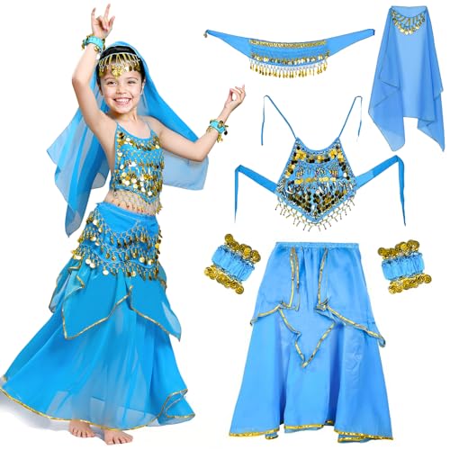 NlsqEU Bauchtanz Kostüm Kinder,Bauchtänzerin Kostüm Damen Kostüm Kinder mit Gürtel Schleier Armband für Verkleidung Halloween Fasching Karneval Party Tanzkleidung-L von NlsqEU