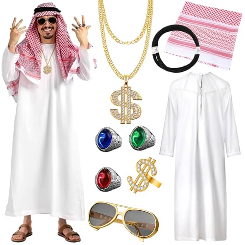 NlsqEU Scheich Kostüm Herren, Araber Kostüm, Cosplay Kostüm Weißes Arabisches Gewand mit Kopftuch Halsketten Sonnenbrillen Finger Ring für Karneval, Party, Cosplay von NlsqEU