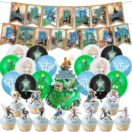 NlsqUK Zelda-Party-Dekorationen für Kinder, Spielthema, Legend of Zelda, Geburtstagsdekorationen, Zubehör, inklusive Happy Birthday-Banner, Kuchendekoration, Luftballons, 30 Stück NlsqUK Zelda-Party-Dekorationen für Kinder, Spielthema, Legend of Zelda, Geburtstagsdekorationen, Zubehör, inklusive Happy Birthday-Banner, Kuchendekoration, Luftballons, 30 Stück von NlsqUK