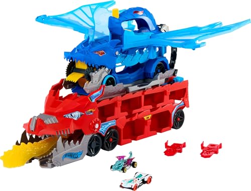 Hot Wheels City Spielzeugauto-Trackset, ultimativer 2-in-1 Drachentransporter und 2 Die-Cast-Autos, großer Drache und Abnehmbarer Drache, mit Platz für mehr als 20 Fahrzeuge, JKJ79 von No data available