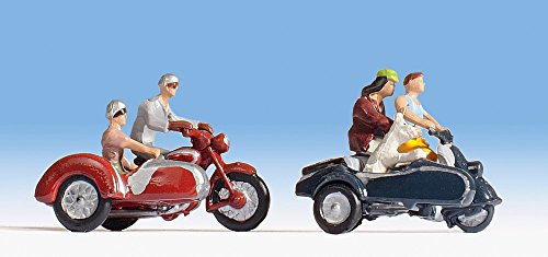 NOCH H0 Figuren Motorradfahrer, handkolorierte Miniaturfiguren für Modellbahn H0, Set aus 4 Figuren und 2 Motorrädern mit Beiwagen, Mehrfach von NOCH