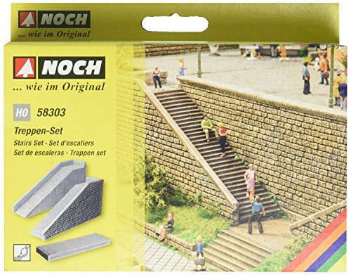 NOCH® Treppen-Set aus Hartschaum, Links- und rechtssteigender Treppenaufgang für Modellbau 1:87 (H0) Grautöne, individuell anpassbar von NOCH