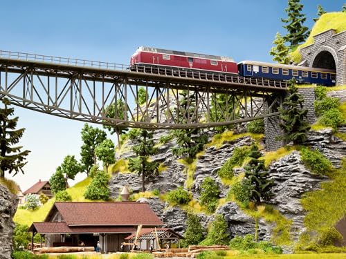 NOCH Fischbauchbrücke, Laser-Cut Modellbau Brücke mit Brückenköpfen für H0 Spur, EIN Highlight auf jeder Modellbahnanlage von NOCH