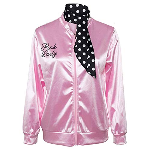 Nofonda Halloween Kostüm, Ladies Pink schicke Jacke 50er 60er 70er Jahre Damen Kostüm, Pink Jacke aus Satin mit Polka Dots Schal, Party Rock n Roll von Nofonda