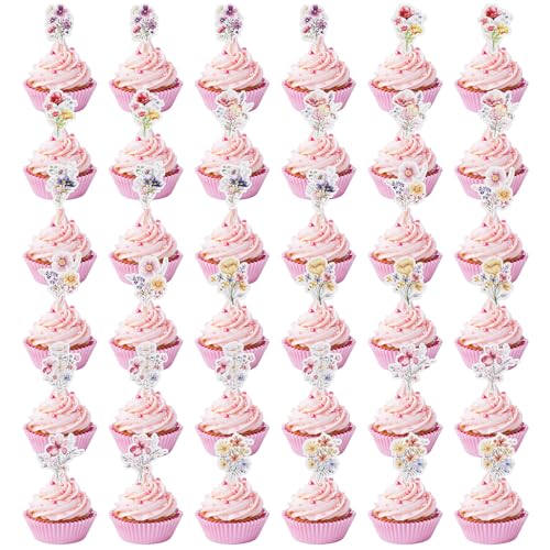 Nogeqi 36 Stück Wildblumen Blumen für Torte, Blüten Tortendeko Torten Deko Mädchen, Cupcake Deko Muffin Gänseblümchen, Flower Cupcake Topper für Hochzeit, Geburtstag, Babyshower von Nogeqi