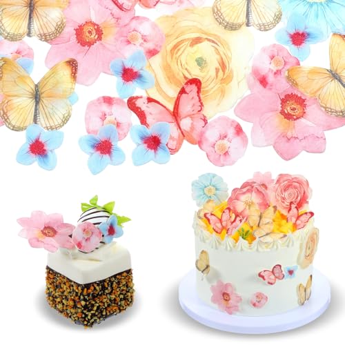 Nogeqi 52 Stück Tortendeko Essbar, Esspapier Tortendeko Blumen, Schmetterling Wafer Papier Essbare Blüten für Torte Gänseblümchen für Hochzeit Geburtstag Party Hawaii Mädchen von Nogeqi