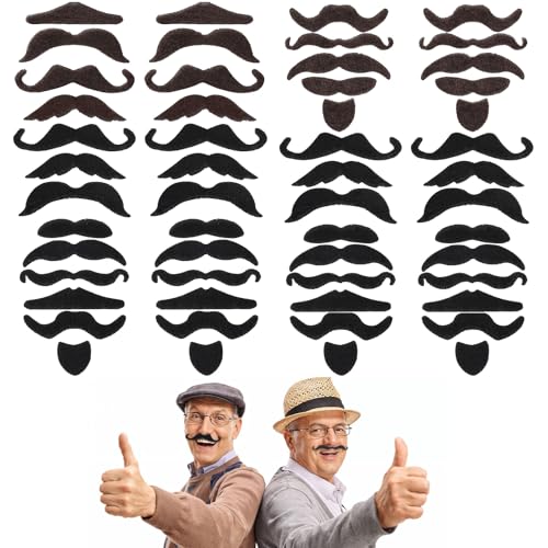 Nogeqi 54 Stück Schnurrbart zum Ankleben Schwarz Braun Schnauzer zum Ankleben, Fake Bart für Kinder Erwachsene, Fake Mustache Moustache Klebebart für Kostüm Halloween Weihnachtsfeier Karneval Party von Nogeqi