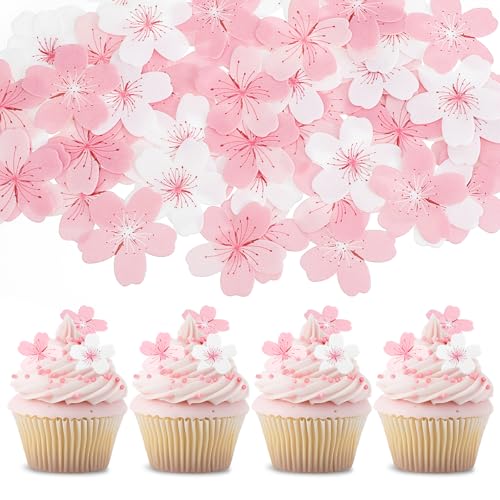 Nogeqi 60 Stück Essbare Tortendeko Blumen, 3D Kirsch Blüten Tortendeko, Blume Torten Deko für Torte, Blumen Cupcake Deko aus Esspapier für Hochzeit, Geburtstag, Taufe, Backdekoration (Rosa Weiß) von Nogeqi