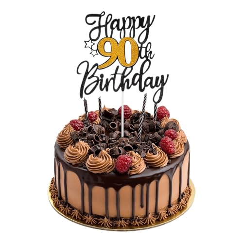 Nogeqi Glitzer 90 Geburtstag Deko, Groß Deko 90 Geburtstag Frau Hochzeitstag Tortendeko Mann Frau Tortendekoration Kuchendekoration Für Frauen Männer Hochzeitstag Party (Schwarz Und Gold) von Nogeqi