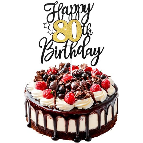Nogeqi Hello 80 Tortendeko Geburtstag, Kuchendeko 80 Geburtstag Deko Glitzer, Kuchen Deko Geburtstag Cake Topper Schwarz Gold Zweiseitiger Tortenaufsatz Set Happy 80th Birthday Party Dekoration von Nogeqi