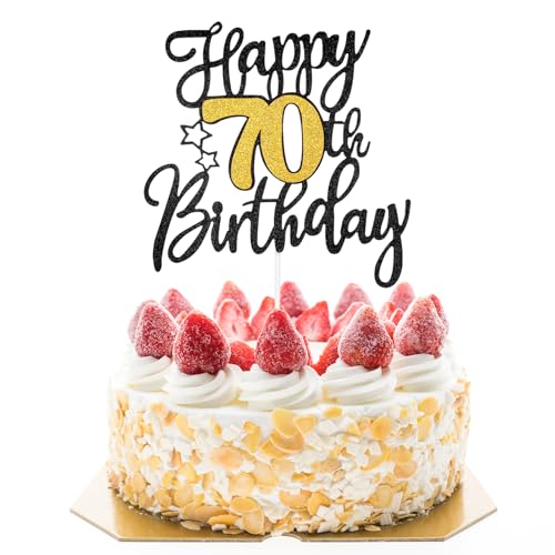 Nogeqi Glitzer Tortendeko 70. Geburtstag Mann, Schwarz Gold Kuchendeko Geburtstag, Happy Birthday Cake Topper 70th Kuchen Deko, Zweiseitiger Tortenaufsatz Set Party Dekoration von Nogeqi