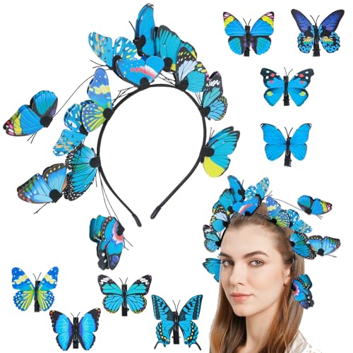 Nogeqi Schmetterling Haarreif Damen, Kostüm Haarreifen Schmetterling Fühler, Schmetterlinge Stirnband Kinder mit 8 Stück Butterfly Aufkleber Karneval Party Headbands Fasching Haar Acces (Blau) von Nogeqi