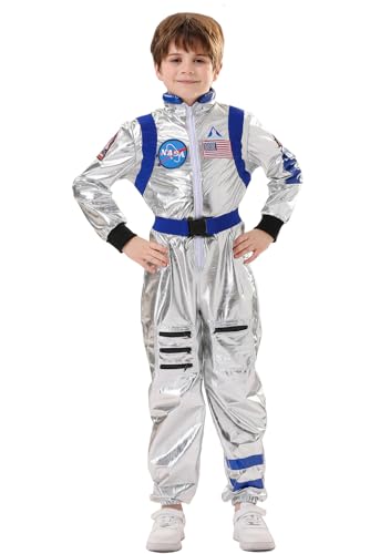 Noiclub Astronaut Kostüm Jungen, Fascingskostüme Kinder Astronaut Jumpsuit Outfit Overall Raumfahrer Anzug Halloween Karneval 140 von Noiclub
