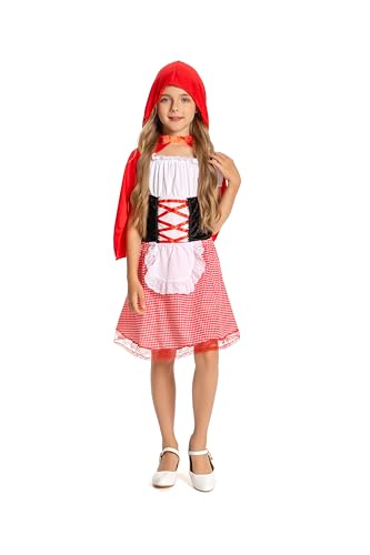 Noiclub Rotkäppchen Kostüm Kinder, rote Kapuze Mädchen Märchencharakter Outfit Kleid Halloween Karneval S von Noiclub