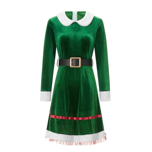 Nokiwiqis 2 Stück Damen Mädchen Weihnachtselfen Kostüm Set Grün Samt Kleid mit Gürtel Cosplay Karneval Weihnachten Elfen Outfit Kostüm für Erwachsenen Kinder (Grün Damen, XL) von Nokiwiqis