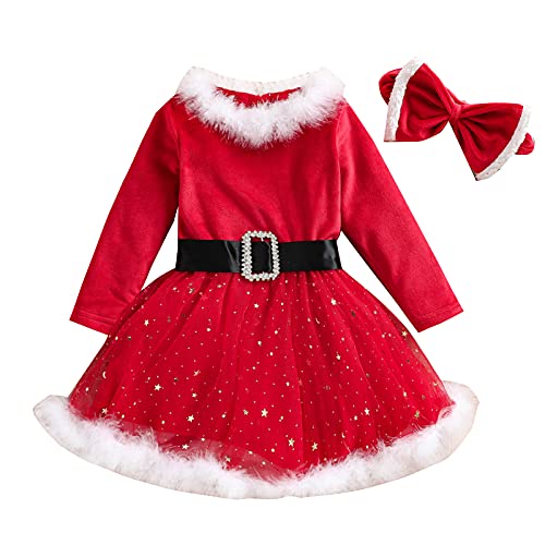 Nokiwiqis Baby Jungen Mädchen Weihnachten Outfits Kleinkind Santa Claus Kleidung Set Gestreiften Langarm Strampler+Overall+Hut Weihnachten Cosplay Kleidung (Kleid+Stirnband, 12-18 Months) von Nokiwiqis