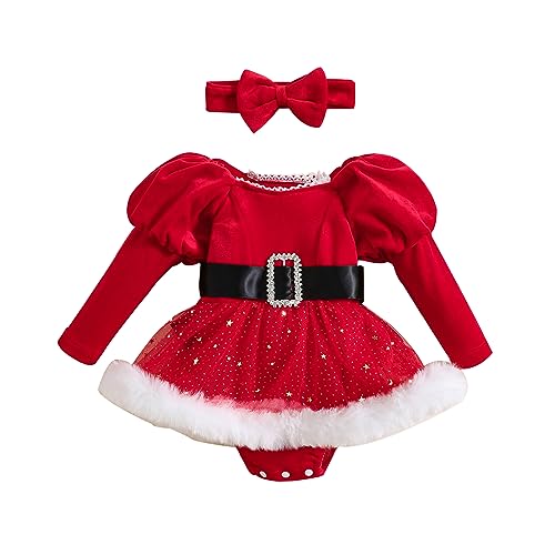 Nokiwiqis Baby Mädchen Weihnachten Outfits Weihnachtsmann kostüm Rot Langarm Samt Strampler Kleid mit Hut/Stirnband Kleinkind Herbst Winter Kleidung Set Cosplay (Rot Strampler+Stirnband, 3-6 Months) von Nokiwiqis