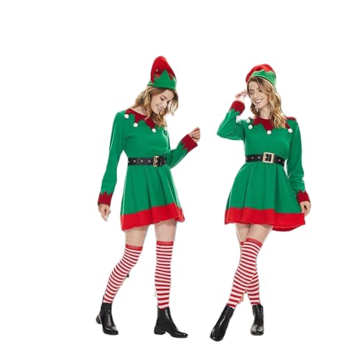 Nokiwiqis Damen Weihnachten Elfen Kostüm Faschingskostüme Fastnacht Kleid mit Hut Strumpf Gürtel Elfe Outfit Weihnachtskostüm für Party Karneval Cosplay (Grün, L) von Nokiwiqis