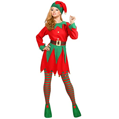Nokiwiqis Damen Weihnachten Elfen Kostüm Faschingskostüme Fastnacht Kleid mit Hut Strumpf Gürtel Elfe Outfit Weihnachtskostüm für Party Karneval Cosplay (Rot, Kinder) von Nokiwiqis