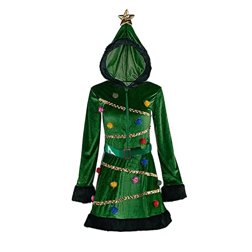 Nokiwiqis Damen Weihnachtsbaum-Kostüm Kapuzen Pailletten Samt Elf Kleid mit Gürtel Fancy Cosplay Weihnachtsbaum Outfit für Erwachsene Frauen (Grün, L) von Nokiwiqis