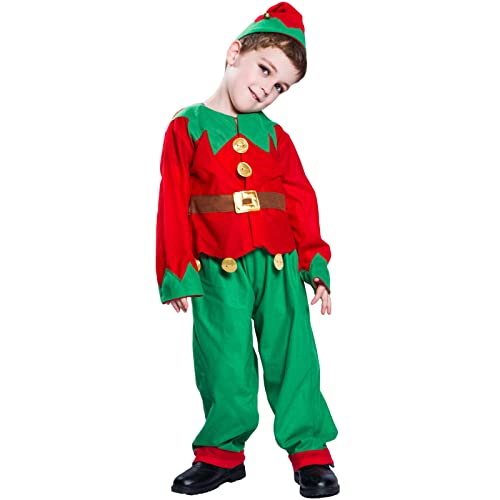 Nokiwiqis Erwachsene Kinder Weihnachtself Kostüm Weihnachtselfe Kostüm Damen Weihnachten Elf Kostüm Mädchen Jungen Weihnachts Elfen Kostüm Karneval Cosplay Outfit (Rot Grün Jungen, S) von Nokiwiqis