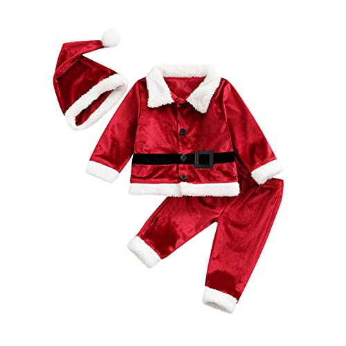 Nokiwiqis Kind Weihnachten Outfits Kleinkind Baby Jungen Mädchen Santa Claus Kleidung Set Plüsch Jacke Mantel Hose Hut Weihnachten Cosplay Kleidung (Rot Mantel Hose Hut, 12-18 Months) von Nokiwiqis
