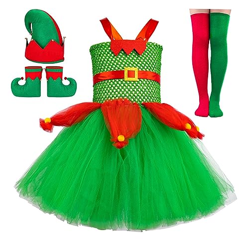 Nokiwiqis Kinder Baby Mädchen Weihnachten Kostüm Schneemann Elch Rentier Tüll Kleid mit Stirnband Hut Strümpfe Santa Prinzessin Weihnachts Karneval Outfit (Grün Rot, L) von Nokiwiqis