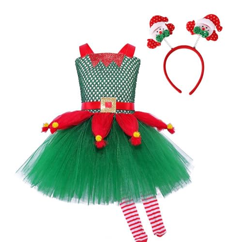 Nokiwiqis Kinder Baby Mädchen Weihnachten Kostüm Schneemann Elch Rentier Tüll Kleid mit Stirnband Hut Strümpfe Santa Prinzessin Weihnachts Karneval Outfit (Grün Stil2, 10-12 Years) von Nokiwiqis