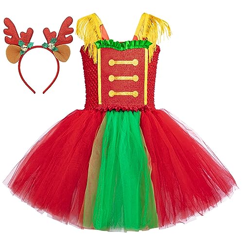 Nokiwiqis Kinder Baby Mädchen Weihnachten Kostüm Schneemann Elch Rentier Tüll Kleid mit Stirnband Hut Strümpfe Santa Prinzessin Weihnachts Karneval Outfit (Rot Stil3, L) von Nokiwiqis
