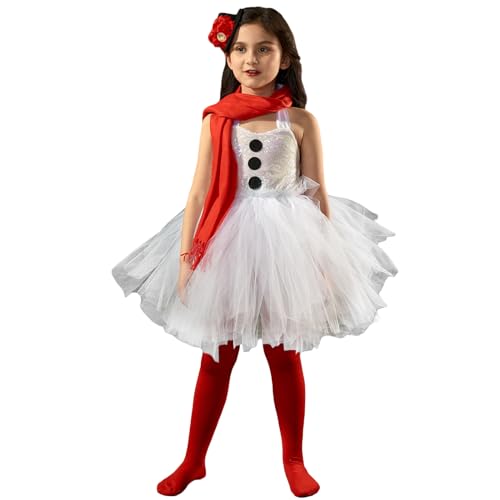 Nokiwiqis Kinder Mädchen Schneemann Kostüm Weiß Prinzessin Tütü Tüll Kleider mit Schal Halstuch Strümpfe Cosplay Weihnachtsfeier Party Tanzkleid Outfit (Weiß 1, 10-12 Years) von Nokiwiqis