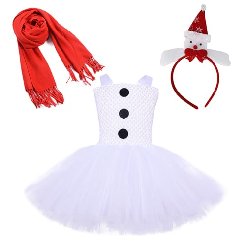 Nokiwiqis Kinder Mädchen Schneemann Kostüm Weiß Prinzessin Tütü Tüll Kleider mit Schal Halstuch Strümpfe Cosplay Weihnachtsfeier Party Tanzkleid Outfit (Weiß 2, 10-12 Years) von Nokiwiqis