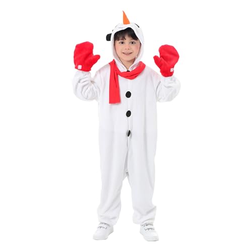 Nokiwiqis Kinder Weihnachten Schneemann Kostüm für Jungen Mädchen Langarm Kapuzen Jumpsuit Overall mit Handschuhe und Schal Weihnachtskostüm Cosplay Outfit (Weiß, M) von Nokiwiqis