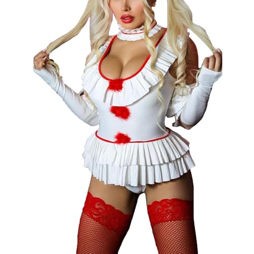 Nokiwiqis Spaßmacherin-Kostüm für Damen, Clown, Zirkus, Erwachsene Harlekin Kostüm für Halloween Cosplay Party Karneval, Schwarz Weiß (Weiß, M) von Nokiwiqis