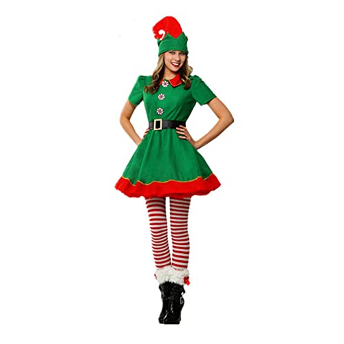 Nokiwiqis Weihnachtselfen Kostüm Set für Eltern-Kind Kurzärmliges Kleid Hose mit Hut Gürtel Socken Damen Herren Kinder Cosplay Karneval Weihnachten Elfen Outfit Kostüm (Damen, XL) von Nokiwiqis