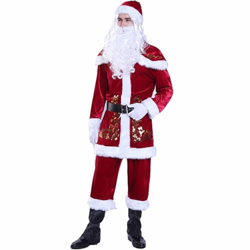 Nokiwiqis Weihnachtsmann Kostüm für Herren Kinder Roter Deluxe Samt Weihnachtsmann-Anzug 7-Teilig Set Weihnachtsfeier Cosplay für Erwachsene Männer (Rote Erwachsene Männer, L) von Nokiwiqis