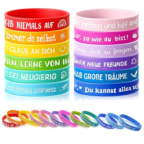 Nokwocy 24 Stück Motivationsarmbänder Kinder, 20,2cm Deutsch Silikonarmband mit Positiven Sprüchen, Motivationsarmbänder für Teens Einschulung Geschenk Abschiedsgeschenk von Nokwocy