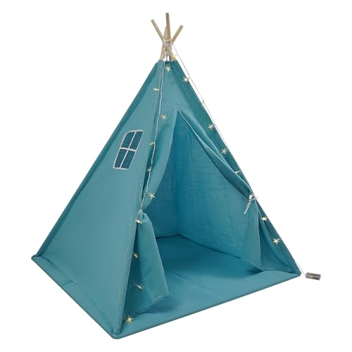 Tipi Zelt für Kinder, Kinderzelt mit Bodenmatte und Lichterkette, Faltbares Spielzelt aus Baumwolle, Spielhaus für drinnen & draußen 120 * 120 * 140cm (Blau) von NoneDanGee