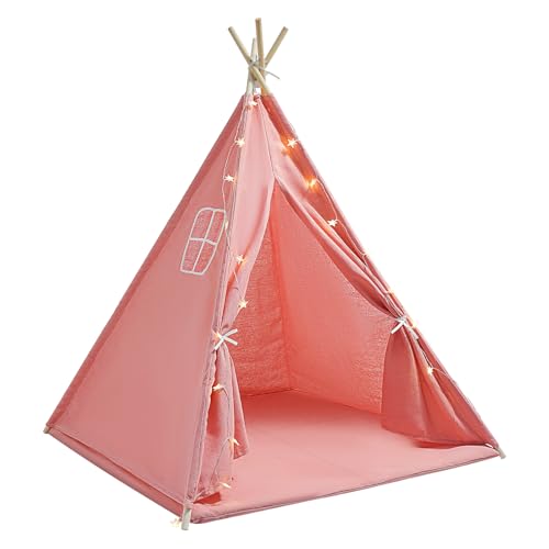 Tipi Zelt für Kinder, Kinderzelt mit Bodenmatte und Lichterkette, Faltbares Spielzelt aus Baumwolle, Spielhaus für drinnen & draußen 120 * 120 * 140cm (Rosa) von NoneDanGee
