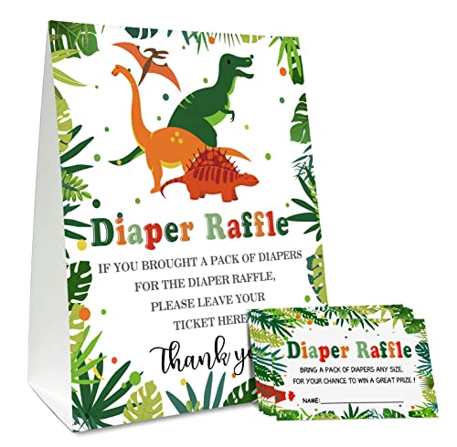 Nopoben Windel-Verlosung, Babyparty-Spiel, 1 stehendes Schild und 50 Tickets, Dinosaurier-Thema, geschlechtsneutral für Jungen oder Mädchen, bringen Sie eine Packung Windeln für werdende Mütter mit von Nopoben